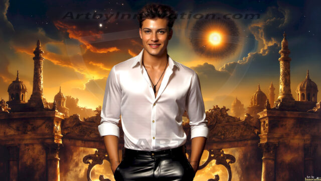 The Beautiful Young Men of the Golden City, is a collection of AI generated images of sexy, glamorous, handsome guys in the heavens. In this fantasy photograph of a young men in their late teens and 20's, overlooking a large golden city in the heavens. Generated to be as realistic as possible, in this this fantasy setting, with todays technology. Wearing jeans, an unbuttoned, vibrant, long-sleeve, button down shirt. The subject is enjoying a beautiful day outdoors. The mystical, galactic landscape, and the vibrant cosmic canopies, every detail, from the texture of the clouds, to the magnificent, majestic gothic architecture of the golden city, is crafted to create an atmosphere of reverence and divine glory. With a breathtaking scene, offering warm golden hour lighting. The heavenly landscape evokes a sense of freedom and tranquility, that is expresses through his facial features and smile, as day turns to night. The heavenly landscape evokes a sense of mysterious black space and light, with a vast galaxy that almost covers the image, the stars and constellations sparkle bright, in dark blue sky.