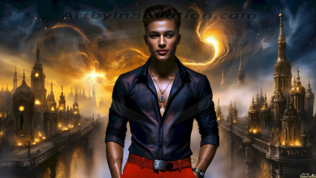 The Beautiful Young Men of the Golden City, is a collection of AI generated images of sexy, glamorous, handsome guys in the heavens. In this fantasy photograph of a young men in their late teens and 20's, overlooking a large golden city in the heavens. Generated to be as realistic as possible, in this this fantasy setting, with todays technology. Wearing jeans, an unbuttoned, vibrant, long-sleeve, button down shirt. The subject is enjoying a beautiful day outdoors. The mystical, galactic landscape, and the vibrant cosmic canopies, every detail, from the texture of the clouds, to the magnificent, majestic gothic architecture of the golden city, is crafted to create an atmosphere of reverence and divine glory. With a breathtaking scene, offering warm golden hour lighting. The heavenly landscape evokes a sense of freedom and tranquility, that is expresses through his facial features and smile, as day turns to night. The heavenly landscape evokes a sense of mysterious black space and light, with a vast galaxy that almost covers the image, the stars and constellations sparkle bright, in dark blue sky.