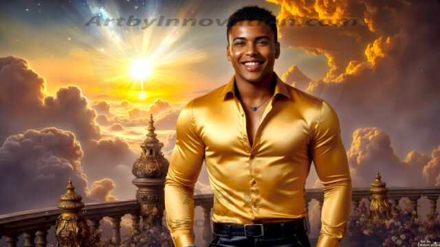 The Beautiful Young Men of the Golden City, is a collection of AI generated images of sexy, glamorous, handsome guys in the heavens. In this fantasy photograph of a young men in their late teens and 20's, overlooking a large golden city in the heavens. Generated to be as realistic as possible, in this this fantasy setting, with todays technology. Wearing jeans, an unbuttoned, vibrant, long-sleeve, button down shirt. The subject is enjoying a beautiful day outdoors. The mystical, galactic landscape, and the vibrant cosmic canopies, every detail, from the texture of the clouds, to the magnificent, majestic gothic architecture of the golden city, is crafted to create an atmosphere of reverence and divine glory. With a breathtaking scene, offering warm golden hour lighting. The heavenly landscape evokes a sense of freedom and tranquility, that is expresses through his facial features and smile, as day turns to night. The heavenly landscape evokes a sense of mysterious black space and light, with a vast galaxy that almost covers the image, the stars and constellations sparkle bright, in dark blue sky.