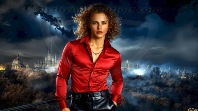 The Beautiful Young Men of the Golden City, is a collection of AI generated images of sexy, glamorous, handsome guys in the heavens. In this fantasy photograph of a young men in their late teens and 20's, overlooking a large golden city in the heavens. Generated to be as realistic as possible, in this this fantasy setting, with todays technology. Wearing jeans, an unbuttoned, vibrant, long-sleeve, button down shirt. The subject is enjoying a beautiful day outdoors. The mystical, galactic landscape, and the vibrant cosmic canopies, every detail, from the texture of the clouds, to the magnificent, majestic gothic architecture of the golden city, is crafted to create an atmosphere of reverence and divine glory. With a breathtaking scene, offering warm golden hour lighting. The heavenly landscape evokes a sense of freedom and tranquility, that is expresses through his facial features and smile, as day turns to night. The heavenly landscape evokes a sense of mysterious black space and light, with a vast galaxy that almost covers the image, the stars and constellations sparkle bright, in dark blue sky.