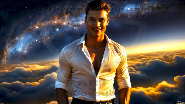 The Beautiful Young Men of the Golden City, is a collection of AI generated images of sexy, glamorous, handsome guys in the heavens. In this fantasy photograph of a young men in their late teens and 20's, overlooking a large golden city in the heavens. Generated to be as realistic as possible, in this this fantasy setting, with todays technology. Wearing jeans, an unbuttoned, vibrant, long-sleeve, button down shirt. The subject is enjoying a beautiful day outdoors. The mystical, galactic landscape, and the vibrant cosmic canopies, every detail, from the texture of the clouds, to the magnificent, majestic gothic architecture of the golden city, is crafted to create an atmosphere of reverence and divine glory. With a breathtaking scene, offering warm golden hour lighting. The heavenly landscape evokes a sense of freedom and tranquility, that is expresses through his facial features and smile, as day turns to night. The heavenly landscape evokes a sense of mysterious black space and light, with a vast galaxy that almost covers the image, the stars and constellations sparkle bright, in dark blue sky.