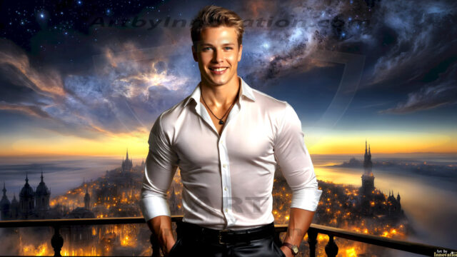 The Beautiful Young Men of the Golden City, is a collection of AI generated images of sexy, glamorous, handsome guys in the heavens. In this fantasy photograph of a young men in their late teens and 20's, overlooking a large golden city in the heavens. Generated to be as realistic as possible, in this this fantasy setting, with todays technology. Wearing jeans, an unbuttoned, vibrant, long-sleeve, button down shirt. The subject is enjoying a beautiful day outdoors. The mystical, galactic landscape, and the vibrant cosmic canopies, every detail, from the texture of the clouds, to the magnificent, majestic gothic architecture of the golden city, is crafted to create an atmosphere of reverence and divine glory. With a breathtaking scene, offering warm golden hour lighting. The heavenly landscape evokes a sense of freedom and tranquility, that is expresses through his facial features and smile, as day turns to night. The heavenly landscape evokes a sense of mysterious black space and light, with a vast galaxy that almost covers the image, the stars and constellations sparkle bright, in dark blue sky.