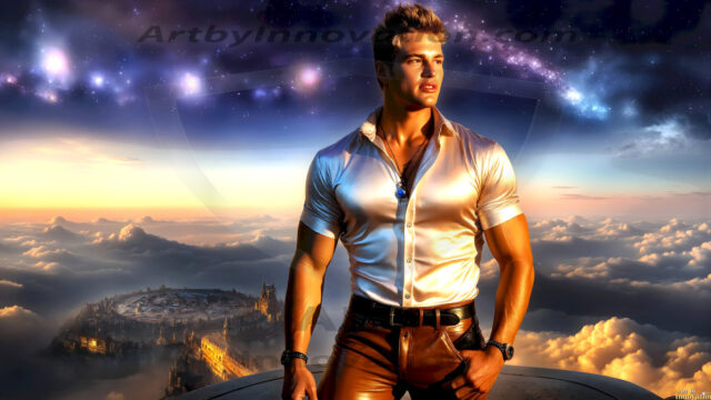 The Beautiful Young Men of the Golden City, is a collection of AI generated images of sexy, glamorous, handsome guys in the heavens. In this fantasy photograph of a young men in their late teens and 20's, overlooking a large golden city in the heavens. Generated to be as realistic as possible, in this this fantasy setting, with todays technology. Wearing jeans, an unbuttoned, vibrant, long-sleeve, button down shirt. The subject is enjoying a beautiful day outdoors. The mystical, galactic landscape, and the vibrant cosmic canopies, every detail, from the texture of the clouds, to the magnificent, majestic gothic architecture of the golden city, is crafted to create an atmosphere of reverence and divine glory. With a breathtaking scene, offering warm golden hour lighting. The heavenly landscape evokes a sense of freedom and tranquility, that is expresses through his facial features and smile, as day turns to night. The heavenly landscape evokes a sense of mysterious black space and light, with a vast galaxy that almost covers the image, the stars and constellations sparkle bright, in dark blue sky.