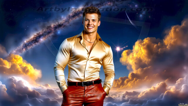 The Beautiful Young Men of the Golden City, is a collection of AI generated images of sexy, glamorous, handsome guys in the heavens. In this fantasy photograph of a young men in their late teens and 20's, overlooking a large golden city in the heavens. Generated to be as realistic as possible, in this this fantasy setting, with todays technology. Wearing jeans, an unbuttoned, vibrant, long-sleeve, button down shirt. The subject is enjoying a beautiful day outdoors. The mystical, galactic landscape, and the vibrant cosmic canopies, every detail, from the texture of the clouds, to the magnificent, majestic gothic architecture of the golden city, is crafted to create an atmosphere of reverence and divine glory. With a breathtaking scene, offering warm golden hour lighting. The heavenly landscape evokes a sense of freedom and tranquility, that is expresses through his facial features and smile, as day turns to night. The heavenly landscape evokes a sense of mysterious black space and light, with a vast galaxy that almost covers the image, the stars and constellations sparkle bright, in dark blue sky.