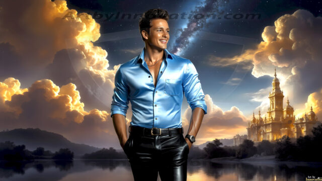 The Beautiful Young Men of the Golden City, is a collection of AI generated images of sexy, glamorous, handsome guys in the heavens. In this fantasy photograph of a young men in their late teens and 20's, overlooking a large golden city in the heavens. Generated to be as realistic as possible, in this this fantasy setting, with todays technology. Wearing jeans, an unbuttoned, vibrant, long-sleeve, button down shirt. The subject is enjoying a beautiful day outdoors. The mystical, galactic landscape, and the vibrant cosmic canopies, every detail, from the texture of the clouds, to the magnificent, majestic gothic architecture of the golden city, is crafted to create an atmosphere of reverence and divine glory. With a breathtaking scene, offering warm golden hour lighting. The heavenly landscape evokes a sense of freedom and tranquility, that is expresses through his facial features and smile, as day turns to night. The heavenly landscape evokes a sense of mysterious black space and light, with a vast galaxy that almost covers the image, the stars and constellations sparkle bright, in dark blue sky.