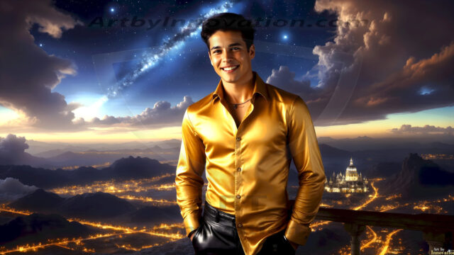 The Beautiful Young Men of the Golden City, is a collection of AI generated images of sexy, glamorous, handsome guys in the heavens. In this fantasy photograph of a young men in their late teens and 20's, overlooking a large golden city in the heavens. Generated to be as realistic as possible, in this this fantasy setting, with todays technology. Wearing jeans, an unbuttoned, vibrant, long-sleeve, button down shirt. The subject is enjoying a beautiful day outdoors. The mystical, galactic landscape, and the vibrant cosmic canopies, every detail, from the texture of the clouds, to the magnificent, majestic gothic architecture of the golden city, is crafted to create an atmosphere of reverence and divine glory. With a breathtaking scene, offering warm golden hour lighting. The heavenly landscape evokes a sense of freedom and tranquility, that is expresses through his facial features and smile, as day turns to night. The heavenly landscape evokes a sense of mysterious black space and light, with a vast galaxy that almost covers the image, the stars and constellations sparkle bright, in dark blue sky.