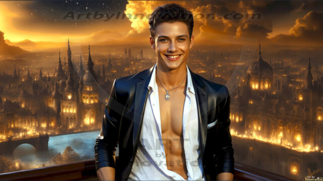 The Beautiful Young Men of the Golden City, is a collection of AI generated images of sexy, glamorous, handsome guys in the heavens. In this fantasy photograph of a young men in their late teens and 20's, overlooking a large golden city in the heavens. Generated to be as realistic as possible, in this this fantasy setting, with todays technology. Wearing jeans, an unbuttoned, vibrant, long-sleeve, button down shirt. The subject is enjoying a beautiful day outdoors. The mystical, galactic landscape, and the vibrant cosmic canopies, every detail, from the texture of the clouds, to the magnificent, majestic gothic architecture of the golden city, is crafted to create an atmosphere of reverence and divine glory. With a breathtaking scene, offering warm golden hour lighting. The heavenly landscape evokes a sense of freedom and tranquility, that is expresses through his facial features and smile, as day turns to night. The heavenly landscape evokes a sense of mysterious black space and light, with a vast galaxy that almost covers the image, the stars and constellations sparkle bright, in dark blue sky.