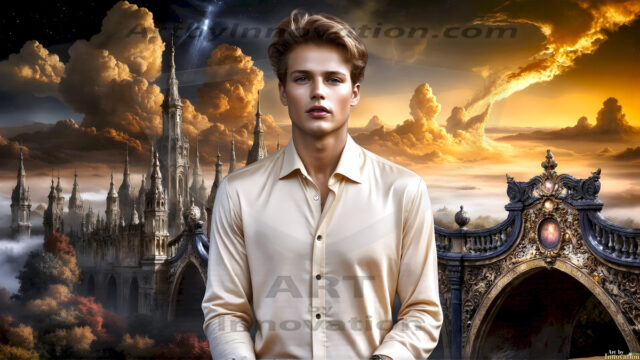 The Beautiful Young Men of the Golden City, is a collection of AI generated images of sexy, glamorous, handsome guys in the heavens. In this fantasy photograph of a young men in their late teens and 20's, overlooking a large golden city in the heavens. Generated to be as realistic as possible, in this this fantasy setting, with todays technology. Wearing jeans, an unbuttoned, vibrant, long-sleeve, button down shirt. The subject is enjoying a beautiful day outdoors. The mystical, galactic landscape, and the vibrant cosmic canopies, every detail, from the texture of the clouds, to the magnificent, majestic gothic architecture of the golden city, is crafted to create an atmosphere of reverence and divine glory. With a breathtaking scene, offering warm golden hour lighting. The heavenly landscape evokes a sense of freedom and tranquility, that is expresses through his facial features and smile, as day turns to night. The heavenly landscape evokes a sense of mysterious black space and light, with a vast galaxy that almost covers the image, the stars and constellations sparkle bright, in dark blue sky.