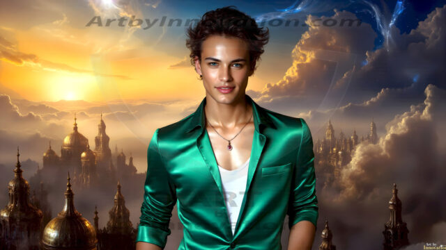 The Beautiful Young Men of the Golden City, is a collection of AI generated images of sexy, glamorous, handsome guys in the heavens. In this fantasy photograph of a young men in their late teens and 20's, overlooking a large golden city in the heavens. Generated to be as realistic as possible, in this this fantasy setting, with todays technology. Wearing jeans, an unbuttoned, vibrant, long-sleeve, button down shirt. The subject is enjoying a beautiful day outdoors. The mystical, galactic landscape, and the vibrant cosmic canopies, every detail, from the texture of the clouds, to the magnificent, majestic gothic architecture of the golden city, is crafted to create an atmosphere of reverence and divine glory. With a breathtaking scene, offering warm golden hour lighting. The heavenly landscape evokes a sense of freedom and tranquility, that is expresses through his facial features and smile, as day turns to night. The heavenly landscape evokes a sense of mysterious black space and light, with a vast galaxy that almost covers the image, the stars and constellations sparkle bright, in dark blue sky.