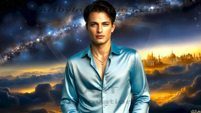 The Beautiful Young Men of the Golden City, is a collection of AI generated images of sexy, glamorous, handsome guys in the heavens. In this fantasy photograph of a young men in their late teens and 20's, overlooking a large golden city in the heavens. Generated to be as realistic as possible, in this this fantasy setting, with todays technology. Wearing jeans, an unbuttoned, vibrant, long-sleeve, button down shirt. The subject is enjoying a beautiful day outdoors. The mystical, galactic landscape, and the vibrant cosmic canopies, every detail, from the texture of the clouds, to the magnificent, majestic gothic architecture of the golden city, is crafted to create an atmosphere of reverence and divine glory. With a breathtaking scene, offering warm golden hour lighting. The heavenly landscape evokes a sense of freedom and tranquility, that is expresses through his facial features and smile, as day turns to night. The heavenly landscape evokes a sense of mysterious black space and light, with a vast galaxy that almost covers the image, the stars and constellations sparkle bright, in dark blue sky.