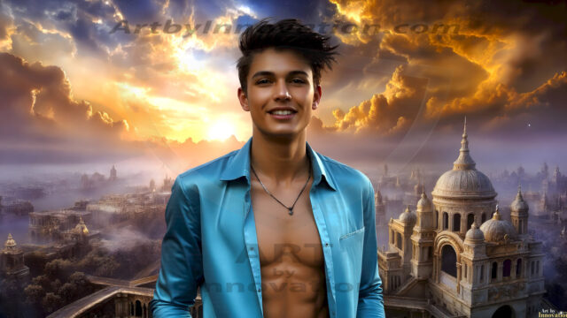 The Beautiful Young Men of the Golden City, is a collection of AI generated images of sexy, glamorous, handsome guys in the heavens. In this fantasy photograph of a young men in their late teens and 20's, overlooking a large golden city in the heavens. Generated to be as realistic as possible, in this this fantasy setting, with todays technology. Wearing jeans, an unbuttoned, vibrant, long-sleeve, button down shirt. The subject is enjoying a beautiful day outdoors. The mystical, galactic landscape, and the vibrant cosmic canopies, every detail, from the texture of the clouds, to the magnificent, majestic gothic architecture of the golden city, is crafted to create an atmosphere of reverence and divine glory. With a breathtaking scene, offering warm golden hour lighting. The heavenly landscape evokes a sense of freedom and tranquility, that is expresses through his facial features and smile, as day turns to night. The heavenly landscape evokes a sense of mysterious black space and light, with a vast galaxy that almost covers the image, the stars and constellations sparkle bright, in dark blue sky.