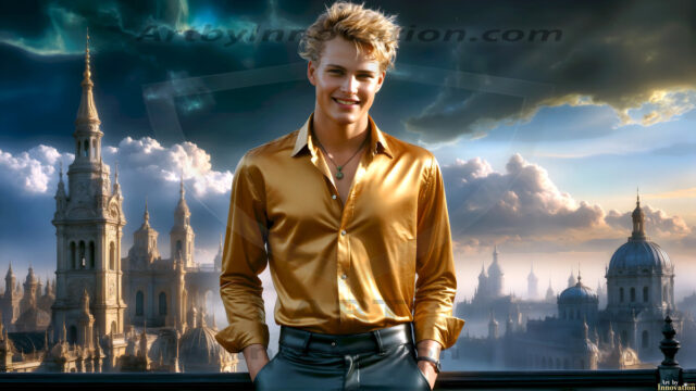 The Beautiful Young Men of the Golden City, is a collection of AI generated images of sexy, glamorous, handsome guys in the heavens. In this fantasy photograph of a young men in their late teens and 20's, overlooking a large golden city in the heavens. Generated to be as realistic as possible, in this this fantasy setting, with todays technology. Wearing jeans, an unbuttoned, vibrant, long-sleeve, button down shirt. The subject is enjoying a beautiful day outdoors. The mystical, galactic landscape, and the vibrant cosmic canopies, every detail, from the texture of the clouds, to the magnificent, majestic gothic architecture of the golden city, is crafted to create an atmosphere of reverence and divine glory. With a breathtaking scene, offering warm golden hour lighting. The heavenly landscape evokes a sense of freedom and tranquility, that is expresses through his facial features and smile, as day turns to night. The heavenly landscape evokes a sense of mysterious black space and light, with a vast galaxy that almost covers the image, the stars and constellations sparkle bright, in dark blue sky.