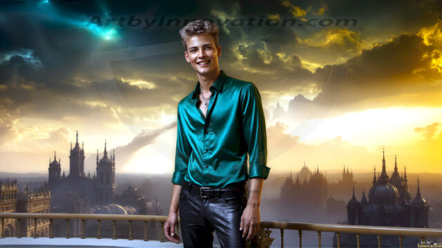 The Beautiful Young Men of the Golden City, is a collection of AI generated images of sexy, glamorous, handsome guys in the heavens. In this fantasy photograph of a young men in their late teens and 20's, overlooking a large golden city in the heavens. Generated to be as realistic as possible, in this this fantasy setting, with todays technology. Wearing jeans, an unbuttoned, vibrant, long-sleeve, button down shirt. The subject is enjoying a beautiful day outdoors. The mystical, galactic landscape, and the vibrant cosmic canopies, every detail, from the texture of the clouds, to the magnificent, majestic gothic architecture of the golden city, is crafted to create an atmosphere of reverence and divine glory. With a breathtaking scene, offering warm golden hour lighting. The heavenly landscape evokes a sense of freedom and tranquility, that is expresses through his facial features and smile, as day turns to night. The heavenly landscape evokes a sense of mysterious black space and light, with a vast galaxy that almost covers the image, the stars and constellations sparkle bright, in dark blue sky.