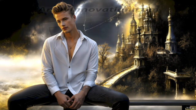 The Beautiful Young Men of the Golden City, is a collection of AI generated images of sexy, glamorous, handsome guys in the heavens. In this fantasy photograph of a young men in their late teens and 20's, overlooking a large golden city in the heavens. Generated to be as realistic as possible, in this this fantasy setting, with todays technology. Wearing jeans, an unbuttoned, vibrant, long-sleeve, button down shirt. The subject is enjoying a beautiful day outdoors. The mystical, galactic landscape, and the vibrant cosmic canopies, every detail, from the texture of the clouds, to the magnificent, majestic gothic architecture of the golden city, is crafted to create an atmosphere of reverence and divine glory. With a breathtaking scene, offering warm golden hour lighting. The heavenly landscape evokes a sense of freedom and tranquility, that is expresses through his facial features and smile, as day turns to night. The heavenly landscape evokes a sense of mysterious black space and light, with a vast galaxy that almost covers the image, the stars and constellations sparkle bright, in dark blue sky.