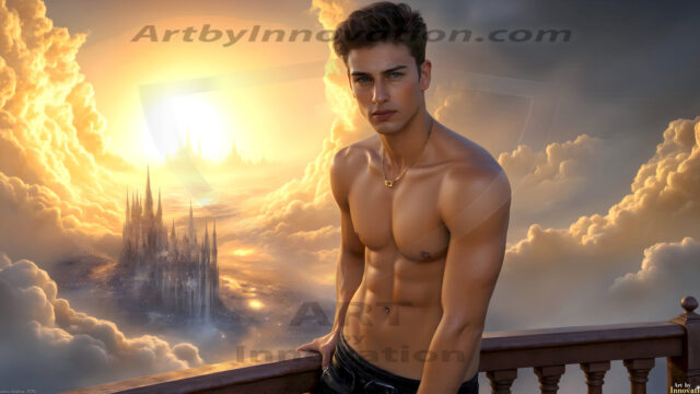 The Beautiful Young Men of the Golden City, is a collection of AI generated images of sexy, glamorous, handsome guys in the heavens. In this fantasy photograph of a young men in their late teens and 20's, overlooking a large golden city in the heavens. Generated to be as realistic as possible, in this this fantasy setting, with todays technology. Wearing jeans, an unbuttoned, vibrant, long-sleeve, button down shirt. The subject is enjoying a beautiful day outdoors. The mystical, galactic landscape, and the vibrant cosmic canopies, every detail, from the texture of the clouds, to the magnificent, majestic gothic architecture of the golden city, is crafted to create an atmosphere of reverence and divine glory. With a breathtaking scene, offering warm golden hour lighting. The heavenly landscape evokes a sense of freedom and tranquility, that is expresses through his facial features and smile, as day turns to night. The heavenly landscape evokes a sense of mysterious black space and light, with a vast galaxy that almost covers the image, the stars and constellations sparkle bright, in dark blue sky.