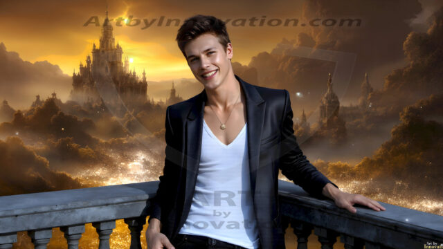 The Beautiful Young Men of the Golden City, is a collection of AI generated images of sexy, glamorous, handsome guys in the heavens. In this fantasy photograph of a young men in their late teens and 20's, overlooking a large golden city in the heavens. Generated to be as realistic as possible, in this this fantasy setting, with todays technology. Wearing jeans, an unbuttoned, vibrant, long-sleeve, button down shirt. The subject is enjoying a beautiful day outdoors. The mystical, galactic landscape, and the vibrant cosmic canopies, every detail, from the texture of the clouds, to the magnificent, majestic gothic architecture of the golden city, is crafted to create an atmosphere of reverence and divine glory. With a breathtaking scene, offering warm golden hour lighting. The heavenly landscape evokes a sense of freedom and tranquility, that is expresses through his facial features and smile, as day turns to night. The heavenly landscape evokes a sense of mysterious black space and light, with a vast galaxy that almost covers the image, the stars and constellations sparkle bright, in dark blue sky.