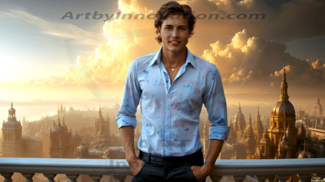 The Beautiful Young Men of the Golden City, is a collection of AI generated images of sexy, glamorous, handsome guys in the heavens. In this fantasy photograph of a young men in their late teens and 20's, overlooking a large golden city in the heavens. Generated to be as realistic as possible, in this this fantasy setting, with todays technology. Wearing jeans, an unbuttoned, vibrant, long-sleeve, button down shirt. The subject is enjoying a beautiful day outdoors. The mystical, galactic landscape, and the vibrant cosmic canopies, every detail, from the texture of the clouds, to the magnificent, majestic gothic architecture of the golden city, is crafted to create an atmosphere of reverence and divine glory. With a breathtaking scene, offering warm golden hour lighting. The heavenly landscape evokes a sense of freedom and tranquility, that is expresses through his facial features and smile, as day turns to night. The heavenly landscape evokes a sense of mysterious black space and light, with a vast galaxy that almost covers the image, the stars and constellations sparkle bright, in dark blue sky.