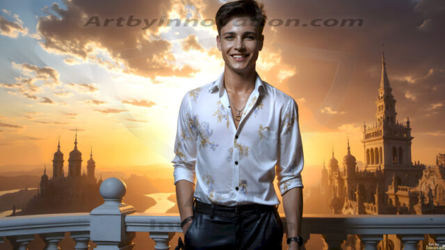 The Beautiful Young Men of the Golden City, is a collection of AI generated images of sexy, glamorous, handsome guys in the heavens. In this fantasy photograph of a young men in their late teens and 20's, overlooking a large golden city in the heavens. Generated to be as realistic as possible, in this this fantasy setting, with todays technology. Wearing jeans, an unbuttoned, vibrant, long-sleeve, button down shirt. The subject is enjoying a beautiful day outdoors. The mystical, galactic landscape, and the vibrant cosmic canopies, every detail, from the texture of the clouds, to the magnificent, majestic gothic architecture of the golden city, is crafted to create an atmosphere of reverence and divine glory. With a breathtaking scene, offering warm golden hour lighting. The heavenly landscape evokes a sense of freedom and tranquility, that is expresses through his facial features and smile, as day turns to night. The heavenly landscape evokes a sense of mysterious black space and light, with a vast galaxy that almost covers the image, the stars and constellations sparkle bright, in dark blue sky.