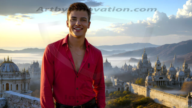 The Beautiful Young Men of the Golden City, is a collection of AI generated images of sexy, glamorous, handsome guys in the heavens. In this fantasy photograph of a young men in their late teens and 20's, overlooking a large golden city in the heavens. Generated to be as realistic as possible, in this this fantasy setting, with todays technology. Wearing jeans, an unbuttoned, vibrant, long-sleeve, button down shirt. The subject is enjoying a beautiful day outdoors. The mystical, galactic landscape, and the vibrant cosmic canopies, every detail, from the texture of the clouds, to the magnificent, majestic gothic architecture of the golden city, is crafted to create an atmosphere of reverence and divine glory. With a breathtaking scene, offering warm golden hour lighting. The heavenly landscape evokes a sense of freedom and tranquility, that is expresses through his facial features and smile, as day turns to night. The heavenly landscape evokes a sense of mysterious black space and light, with a vast galaxy that almost covers the image, the stars and constellations sparkle bright, in dark blue sky.