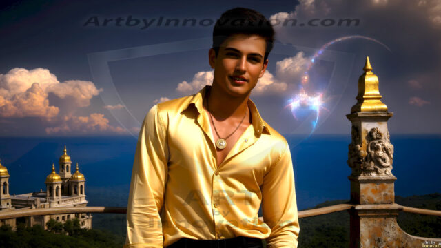 The Beautiful Young Men of the Golden City, is a collection of AI generated images of sexy, glamorous, handsome guys in the heavens. In this fantasy photograph of a young men in their late teens and 20's, overlooking a large golden city in the heavens. Generated to be as realistic as possible, in this this fantasy setting, with todays technology. Wearing jeans, an unbuttoned, vibrant, long-sleeve, button down shirt. The subject is enjoying a beautiful day outdoors. The mystical, galactic landscape, and the vibrant cosmic canopies, every detail, from the texture of the clouds, to the magnificent, majestic gothic architecture of the golden city, is crafted to create an atmosphere of reverence and divine glory. With a breathtaking scene, offering warm golden hour lighting. The heavenly landscape evokes a sense of freedom and tranquility, that is expresses through his facial features and smile, as day turns to night. The heavenly landscape evokes a sense of mysterious black space and light, with a vast galaxy that almost covers the image, the stars and constellations sparkle bright, in dark blue sky.