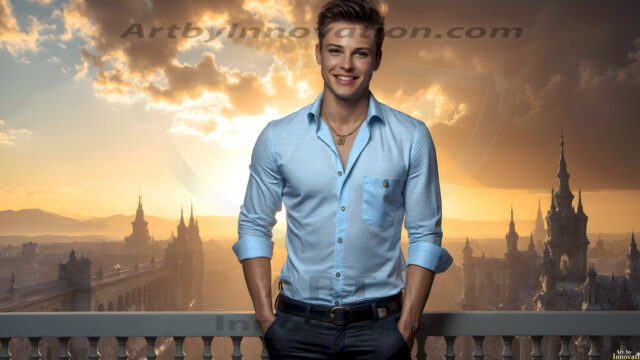 The Beautiful Young Men of the Golden City, is a collection of AI generated images of sexy, glamorous, handsome guys in the heavens. In this fantasy photograph of a young men in their late teens and 20's, overlooking a large golden city in the heavens. Generated to be as realistic as possible, in this this fantasy setting, with todays technology. Wearing jeans, an unbuttoned, vibrant, long-sleeve, button down shirt. The subject is enjoying a beautiful day outdoors. The mystical, galactic landscape, and the vibrant cosmic canopies, every detail, from the texture of the clouds, to the magnificent, majestic gothic architecture of the golden city, is crafted to create an atmosphere of reverence and divine glory. With a breathtaking scene, offering warm golden hour lighting. The heavenly landscape evokes a sense of freedom and tranquility, that is expresses through his facial features and smile, as day turns to night. The heavenly landscape evokes a sense of mysterious black space and light, with a vast galaxy that almost covers the image, the stars and constellations sparkle bright, in dark blue sky.