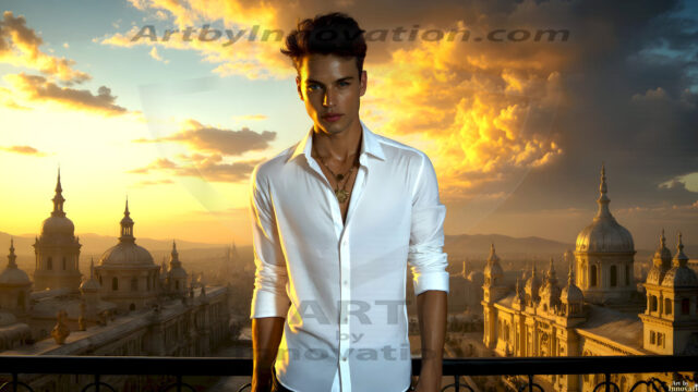 The Beautiful Young Men of the Golden City, is a collection of AI generated images of sexy, glamorous, handsome guys in the heavens. In this fantasy photograph of a young men in their late teens and 20's, overlooking a large golden city in the heavens. Generated to be as realistic as possible, in this this fantasy setting, with todays technology. Wearing jeans, an unbuttoned, vibrant, long-sleeve, button down shirt. The subject is enjoying a beautiful day outdoors. The mystical, galactic landscape, and the vibrant cosmic canopies, every detail, from the texture of the clouds, to the magnificent, majestic gothic architecture of the golden city, is crafted to create an atmosphere of reverence and divine glory. With a breathtaking scene, offering warm golden hour lighting. The heavenly landscape evokes a sense of freedom and tranquility, that is expresses through his facial features and smile, as day turns to night. The heavenly landscape evokes a sense of mysterious black space and light, with a vast galaxy that almost covers the image, the stars and constellations sparkle bright, in dark blue sky.
