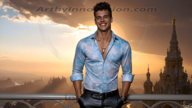 The Beautiful Young Men of the Golden City, is a collection of AI generated images of sexy, glamorous, handsome guys in the heavens. In this fantasy photograph of a young men in their late teens and 20's, overlooking a large golden city in the heavens. Generated to be as realistic as possible, in this this fantasy setting, with todays technology. Wearing jeans, an unbuttoned, vibrant, long-sleeve, button down shirt. The subject is enjoying a beautiful day outdoors. The mystical, galactic landscape, and the vibrant cosmic canopies, every detail, from the texture of the clouds, to the magnificent, majestic gothic architecture of the golden city, is crafted to create an atmosphere of reverence and divine glory. With a breathtaking scene, offering warm golden hour lighting. The heavenly landscape evokes a sense of freedom and tranquility, that is expresses through his facial features and smile, as day turns to night. The heavenly landscape evokes a sense of mysterious black space and light, with a vast galaxy that almost covers the image, the stars and constellations sparkle bright, in dark blue sky.