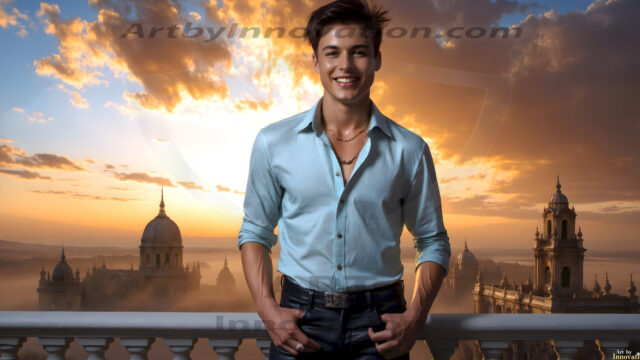 The Beautiful Young Men of the Golden City, is a collection of AI generated images of sexy, glamorous, handsome guys in the heavens. In this fantasy photograph of a young men in their late teens and 20's, overlooking a large golden city in the heavens. Generated to be as realistic as possible, in this this fantasy setting, with todays technology. Wearing jeans, an unbuttoned, vibrant, long-sleeve, button down shirt. The subject is enjoying a beautiful day outdoors. The mystical, galactic landscape, and the vibrant cosmic canopies, every detail, from the texture of the clouds, to the magnificent, majestic gothic architecture of the golden city, is crafted to create an atmosphere of reverence and divine glory. With a breathtaking scene, offering warm golden hour lighting. The heavenly landscape evokes a sense of freedom and tranquility, that is expresses through his facial features and smile, as day turns to night. The heavenly landscape evokes a sense of mysterious black space and light, with a vast galaxy that almost covers the image, the stars and constellations sparkle bright, in dark blue sky.