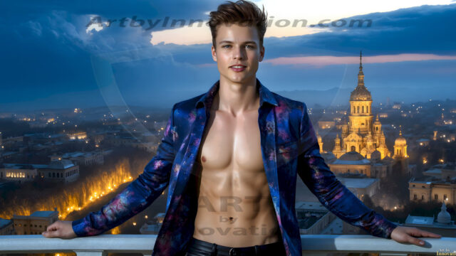 The Beautiful Young Men of the Golden City, is a collection of AI generated images of sexy, glamorous, handsome guys in the heavens. In this fantasy photograph of a young men in their late teens and 20's, overlooking a large golden city in the heavens. Generated to be as realistic as possible, in this this fantasy setting, with todays technology. Wearing jeans, an unbuttoned, vibrant, long-sleeve, button down shirt. The subject is enjoying a beautiful day outdoors. The mystical, galactic landscape, and the vibrant cosmic canopies, every detail, from the texture of the clouds, to the magnificent, majestic gothic architecture of the golden city, is crafted to create an atmosphere of reverence and divine glory. With a breathtaking scene, offering warm golden hour lighting. The heavenly landscape evokes a sense of freedom and tranquility, that is expresses through his facial features and smile, as day turns to night. The heavenly landscape evokes a sense of mysterious black space and light, with a vast galaxy that almost covers the image, the stars and constellations sparkle bright, in dark blue sky.