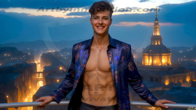 The Beautiful Young Men of the Golden City, is a collection of AI generated images of sexy, glamorous, handsome guys in the heavens. In this fantasy photograph of a young men in their late teens and 20's, overlooking a large golden city in the heavens. Generated to be as realistic as possible, in this this fantasy setting, with todays technology. Wearing jeans, an unbuttoned, vibrant, long-sleeve, button down shirt. The subject is enjoying a beautiful day outdoors. The mystical, galactic landscape, and the vibrant cosmic canopies, every detail, from the texture of the clouds, to the magnificent, majestic gothic architecture of the golden city, is crafted to create an atmosphere of reverence and divine glory. With a breathtaking scene, offering warm golden hour lighting. The heavenly landscape evokes a sense of freedom and tranquility, that is expresses through his facial features and smile, as day turns to night. The heavenly landscape evokes a sense of mysterious black space and light, with a vast galaxy that almost covers the image, the stars and constellations sparkle bright, in dark blue sky.