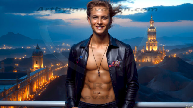 The Beautiful Young Men of the Golden City, is a collection of AI generated images of sexy, glamorous, handsome guys in the heavens. In this fantasy photograph of a young men in their late teens and 20's, overlooking a large golden city in the heavens. Generated to be as realistic as possible, in this this fantasy setting, with todays technology. Wearing jeans, an unbuttoned, vibrant, long-sleeve, button down shirt. The subject is enjoying a beautiful day outdoors. The mystical, galactic landscape, and the vibrant cosmic canopies, every detail, from the texture of the clouds, to the magnificent, majestic gothic architecture of the golden city, is crafted to create an atmosphere of reverence and divine glory. With a breathtaking scene, offering warm golden hour lighting. The heavenly landscape evokes a sense of freedom and tranquility, that is expresses through his facial features and smile, as day turns to night. The heavenly landscape evokes a sense of mysterious black space and light, with a vast galaxy that almost covers the image, the stars and constellations sparkle bright, in dark blue sky.