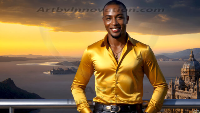The Beautiful Young Men of the Golden City, is a collection of AI generated images of sexy, glamorous, handsome guys in the heavens. In this fantasy photograph of a young men in their late teens and 20's, overlooking a large golden city in the heavens. Generated to be as realistic as possible, in this this fantasy setting, with todays technology. Wearing jeans, an unbuttoned, vibrant, long-sleeve, button down shirt. The subject is enjoying a beautiful day outdoors. The mystical, galactic landscape, and the vibrant cosmic canopies, every detail, from the texture of the clouds, to the magnificent, majestic gothic architecture of the golden city, is crafted to create an atmosphere of reverence and divine glory. With a breathtaking scene, offering warm golden hour lighting. The heavenly landscape evokes a sense of freedom and tranquility, that is expresses through his facial features and smile, as day turns to night. The heavenly landscape evokes a sense of mysterious black space and light, with a vast galaxy that almost covers the image, the stars and constellations sparkle bright, in dark blue sky.