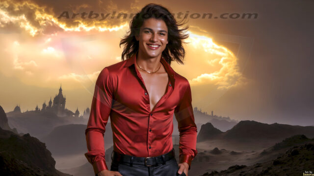 The Beautiful Young Men of the Golden City, is a collection of AI generated images of sexy, glamorous, handsome guys in the heavens. In this fantasy photograph of a young men in their late teens and 20's, overlooking a large golden city in the heavens. Generated to be as realistic as possible, in this this fantasy setting, with todays technology. Wearing jeans, an unbuttoned, vibrant, long-sleeve, button down shirt. The subject is enjoying a beautiful day outdoors. The mystical, galactic landscape, and the vibrant cosmic canopies, every detail, from the texture of the clouds, to the magnificent, majestic gothic architecture of the golden city, is crafted to create an atmosphere of reverence and divine glory. With a breathtaking scene, offering warm golden hour lighting. The heavenly landscape evokes a sense of freedom and tranquility, that is expresses through his facial features and smile, as day turns to night. The heavenly landscape evokes a sense of mysterious black space and light, with a vast galaxy that almost covers the image, the stars and constellations sparkle bright, in dark blue sky.