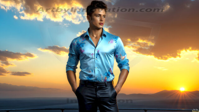 The Beautiful Young Men of the Golden City, is a collection of AI generated images of sexy, glamorous, handsome guys in the heavens. In this fantasy photograph of a young men in their late teens and 20's, overlooking a large golden city in the heavens. Generated to be as realistic as possible, in this this fantasy setting, with todays technology. Wearing jeans, an unbuttoned, vibrant, long-sleeve, button down shirt. The subject is enjoying a beautiful day outdoors. The mystical, galactic landscape, and the vibrant cosmic canopies, every detail, from the texture of the clouds, to the magnificent, majestic gothic architecture of the golden city, is crafted to create an atmosphere of reverence and divine glory. With a breathtaking scene, offering warm golden hour lighting. The heavenly landscape evokes a sense of freedom and tranquility, that is expresses through his facial features and smile, as day turns to night. The heavenly landscape evokes a sense of mysterious black space and light, with a vast galaxy that almost covers the image, the stars and constellations sparkle bright, in dark blue sky.