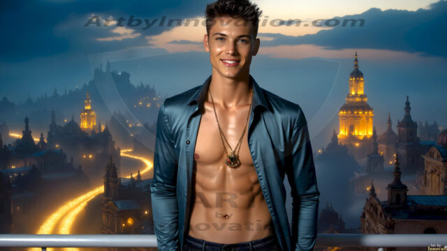 The Beautiful Young Men of the Golden City, is a collection of AI generated images of sexy, glamorous, handsome guys in the heavens. In this fantasy photograph of a young men in their late teens and 20's, overlooking a large golden city in the heavens. Generated to be as realistic as possible, in this this fantasy setting, with todays technology. Wearing jeans, an unbuttoned, vibrant, long-sleeve, button down shirt. The subject is enjoying a beautiful day outdoors. The mystical, galactic landscape, and the vibrant cosmic canopies, every detail, from the texture of the clouds, to the magnificent, majestic gothic architecture of the golden city, is crafted to create an atmosphere of reverence and divine glory. With a breathtaking scene, offering warm golden hour lighting. The heavenly landscape evokes a sense of freedom and tranquility, that is expresses through his facial features and smile, as day turns to night. The heavenly landscape evokes a sense of mysterious black space and light, with a vast galaxy that almost covers the image, the stars and constellations sparkle bright, in dark blue sky.