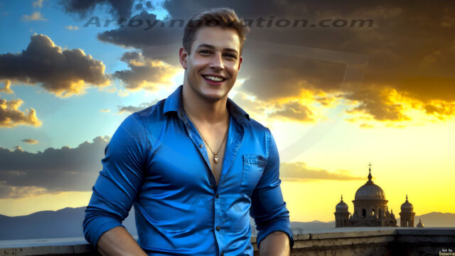 The Beautiful Young Men of the Golden City, is a collection of AI generated images of sexy, glamorous, handsome guys in the heavens. In this fantasy photograph of a young men in their late teens and 20's, overlooking a large golden city in the heavens. Generated to be as realistic as possible, in this this fantasy setting, with todays technology. Wearing jeans, an unbuttoned, vibrant, long-sleeve, button down shirt. The subject is enjoying a beautiful day outdoors. The mystical, galactic landscape, and the vibrant cosmic canopies, every detail, from the texture of the clouds, to the magnificent, majestic gothic architecture of the golden city, is crafted to create an atmosphere of reverence and divine glory. With a breathtaking scene, offering warm golden hour lighting. The heavenly landscape evokes a sense of freedom and tranquility, that is expresses through his facial features and smile, as day turns to night. The heavenly landscape evokes a sense of mysterious black space and light, with a vast galaxy that almost covers the image, the stars and constellations sparkle bright, in dark blue sky.