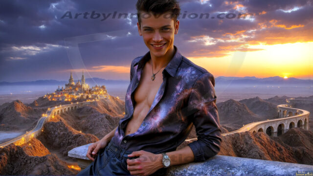 The Beautiful Young Men of the Golden City, is a collection of AI generated images of sexy, glamorous, handsome guys in the heavens. In this fantasy photograph of a young men in their late teens and 20's, overlooking a large golden city in the heavens. Generated to be as realistic as possible, in this this fantasy setting, with todays technology. Wearing jeans, an unbuttoned, vibrant, long-sleeve, button down shirt. The subject is enjoying a beautiful day outdoors. The mystical, galactic landscape, and the vibrant cosmic canopies, every detail, from the texture of the clouds, to the magnificent, majestic gothic architecture of the golden city, is crafted to create an atmosphere of reverence and divine glory. With a breathtaking scene, offering warm golden hour lighting. The heavenly landscape evokes a sense of freedom and tranquility, that is expresses through his facial features and smile, as day turns to night. The heavenly landscape evokes a sense of mysterious black space and light, with a vast galaxy that almost covers the image, the stars and constellations sparkle bright, in dark blue sky.