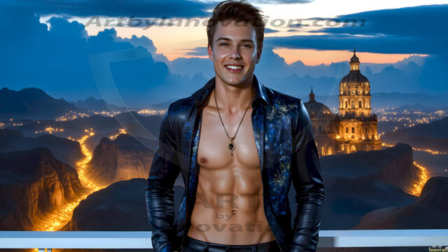 The Beautiful Young Men of the Golden City, is a collection of AI generated images of sexy, glamorous, handsome guys in the heavens. In this fantasy photograph of a young men in their late teens and 20's, overlooking a large golden city in the heavens. Generated to be as realistic as possible, in this this fantasy setting, with todays technology. Wearing jeans, an unbuttoned, vibrant, long-sleeve, button down shirt. The subject is enjoying a beautiful day outdoors. The mystical, galactic landscape, and the vibrant cosmic canopies, every detail, from the texture of the clouds, to the magnificent, majestic gothic architecture of the golden city, is crafted to create an atmosphere of reverence and divine glory. With a breathtaking scene, offering warm golden hour lighting. The heavenly landscape evokes a sense of freedom and tranquility, that is expresses through his facial features and smile, as day turns to night. The heavenly landscape evokes a sense of mysterious black space and light, with a vast galaxy that almost covers the image, the stars and constellations sparkle bright, in dark blue sky.