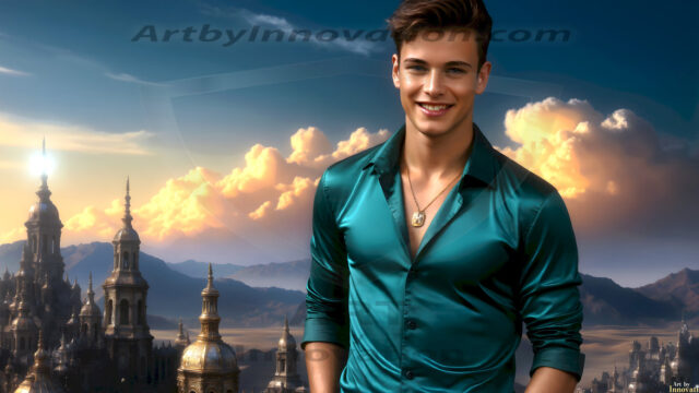 The Beautiful Young Men of the Golden City, is a collection of AI generated images of sexy, glamorous, handsome guys in the heavens. In this fantasy photograph of a young men in their late teens and 20's, overlooking a large golden city in the heavens. Generated to be as realistic as possible, in this this fantasy setting, with todays technology. Wearing jeans, an unbuttoned, vibrant, long-sleeve, button down shirt. The subject is enjoying a beautiful day outdoors. The mystical, galactic landscape, and the vibrant cosmic canopies, every detail, from the texture of the clouds, to the magnificent, majestic gothic architecture of the golden city, is crafted to create an atmosphere of reverence and divine glory. With a breathtaking scene, offering warm golden hour lighting. The heavenly landscape evokes a sense of freedom and tranquility, that is expresses through his facial features and smile, as day turns to night. The heavenly landscape evokes a sense of mysterious black space and light, with a vast galaxy that almost covers the image, the stars and constellations sparkle bright, in dark blue sky.
