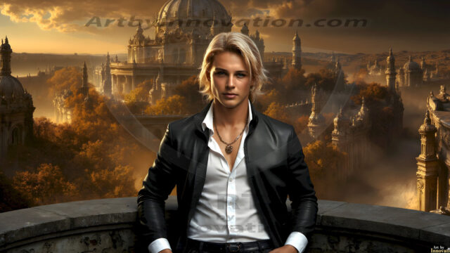 The Beautiful Young Men of the Golden City, is a collection of AI generated images of sexy, glamorous, handsome guys in the heavens. In this fantasy photograph of a young men in their late teens and 20's, overlooking a large golden city in the heavens. Generated to be as realistic as possible, in this this fantasy setting, with todays technology. Wearing jeans, an unbuttoned, vibrant, long-sleeve, button down shirt. The subject is enjoying a beautiful day outdoors. The mystical, galactic landscape, and the vibrant cosmic canopies, every detail, from the texture of the clouds, to the magnificent, majestic gothic architecture of the golden city, is crafted to create an atmosphere of reverence and divine glory. With a breathtaking scene, offering warm golden hour lighting. The heavenly landscape evokes a sense of freedom and tranquility, that is expresses through his facial features and smile, as day turns to night. The heavenly landscape evokes a sense of mysterious black space and light, with a vast galaxy that almost covers the image, the stars and constellations sparkle bright, in dark blue sky.