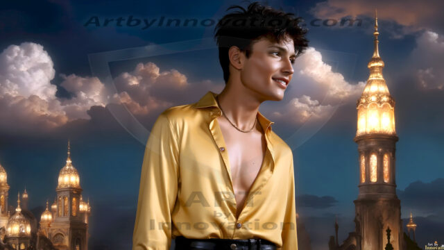 The Beautiful Young Men of the Golden City, is a collection of AI generated images of sexy, glamorous, handsome guys in the heavens. In this fantasy photograph of a young men in their late teens and 20's, overlooking a large golden city in the heavens. Generated to be as realistic as possible, in this this fantasy setting, with todays technology. Wearing jeans, an unbuttoned, vibrant, long-sleeve, button down shirt. The subject is enjoying a beautiful day outdoors. The mystical, galactic landscape, and the vibrant cosmic canopies, every detail, from the texture of the clouds, to the magnificent, majestic gothic architecture of the golden city, is crafted to create an atmosphere of reverence and divine glory. With a breathtaking scene, offering warm golden hour lighting. The heavenly landscape evokes a sense of freedom and tranquility, that is expresses through his facial features and smile, as day turns to night. The heavenly landscape evokes a sense of mysterious black space and light, with a vast galaxy that almost covers the image, the stars and constellations sparkle bright, in dark blue sky.