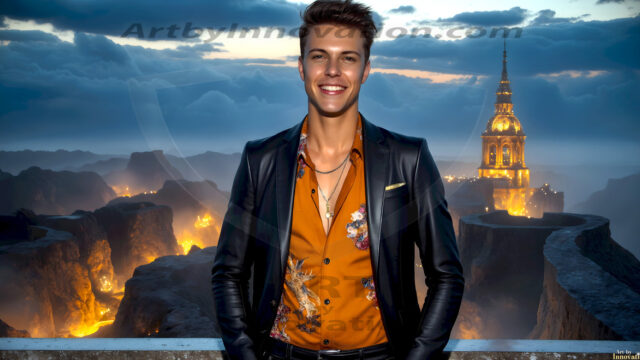 The Beautiful Young Men of the Golden City, is a collection of AI generated images of sexy, glamorous, handsome guys in the heavens. In this fantasy photograph of a young men in their late teens and 20's, overlooking a large golden city in the heavens. Generated to be as realistic as possible, in this this fantasy setting, with todays technology. Wearing jeans, an unbuttoned, vibrant, long-sleeve, button down shirt. The subject is enjoying a beautiful day outdoors. The mystical, galactic landscape, and the vibrant cosmic canopies, every detail, from the texture of the clouds, to the magnificent, majestic gothic architecture of the golden city, is crafted to create an atmosphere of reverence and divine glory. With a breathtaking scene, offering warm golden hour lighting. The heavenly landscape evokes a sense of freedom and tranquility, that is expresses through his facial features and smile, as day turns to night. The heavenly landscape evokes a sense of mysterious black space and light, with a vast galaxy that almost covers the image, the stars and constellations sparkle bright, in dark blue sky.