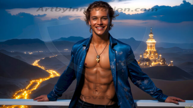 The Beautiful Young Men of the Golden City, is a collection of AI generated images of sexy, glamorous, handsome guys in the heavens. In this fantasy photograph of a young men in their late teens and 20's, overlooking a large golden city in the heavens. Generated to be as realistic as possible, in this this fantasy setting, with todays technology. Wearing jeans, an unbuttoned, vibrant, long-sleeve, button down shirt. The subject is enjoying a beautiful day outdoors. The mystical, galactic landscape, and the vibrant cosmic canopies, every detail, from the texture of the clouds, to the magnificent, majestic gothic architecture of the golden city, is crafted to create an atmosphere of reverence and divine glory. With a breathtaking scene, offering warm golden hour lighting. The heavenly landscape evokes a sense of freedom and tranquility, that is expresses through his facial features and smile, as day turns to night. The heavenly landscape evokes a sense of mysterious black space and light, with a vast galaxy that almost covers the image, the stars and constellations sparkle bright, in dark blue sky.