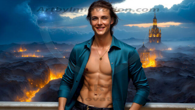 The Beautiful Young Men of the Golden City, is a collection of AI generated images of sexy, glamorous, handsome guys in the heavens. In this fantasy photograph of a young men in their late teens and 20's, overlooking a large golden city in the heavens. Generated to be as realistic as possible, in this this fantasy setting, with todays technology. Wearing jeans, an unbuttoned, vibrant, long-sleeve, button down shirt. The subject is enjoying a beautiful day outdoors. The mystical, galactic landscape, and the vibrant cosmic canopies, every detail, from the texture of the clouds, to the magnificent, majestic gothic architecture of the golden city, is crafted to create an atmosphere of reverence and divine glory. With a breathtaking scene, offering warm golden hour lighting. The heavenly landscape evokes a sense of freedom and tranquility, that is expresses through his facial features and smile, as day turns to night. The heavenly landscape evokes a sense of mysterious black space and light, with a vast galaxy that almost covers the image, the stars and constellations sparkle bright, in dark blue sky.