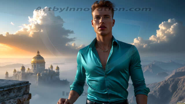 The Beautiful Young Men of the Golden City, is a collection of AI generated images of sexy, glamorous, handsome guys in the heavens. In this fantasy photograph of a young men in their late teens and 20's, overlooking a large golden city in the heavens. Generated to be as realistic as possible, in this this fantasy setting, with todays technology. Wearing jeans, an unbuttoned, vibrant, long-sleeve, button down shirt. The subject is enjoying a beautiful day outdoors. The mystical, galactic landscape, and the vibrant cosmic canopies, every detail, from the texture of the clouds, to the magnificent, majestic gothic architecture of the golden city, is crafted to create an atmosphere of reverence and divine glory. With a breathtaking scene, offering warm golden hour lighting. The heavenly landscape evokes a sense of freedom and tranquility, that is expresses through his facial features and smile, as day turns to night. The heavenly landscape evokes a sense of mysterious black space and light, with a vast galaxy that almost covers the image, the stars and constellations sparkle bright, in dark blue sky.