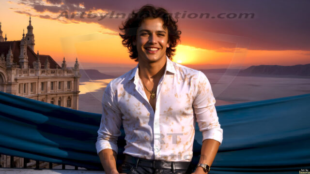 The Beautiful Young Men of the Golden City, is a collection of AI generated images of sexy, glamorous, handsome guys in the heavens. In this fantasy photograph of a young men in their late teens and 20's, overlooking a large golden city in the heavens. Generated to be as realistic as possible, in this this fantasy setting, with todays technology. Wearing jeans, an unbuttoned, vibrant, long-sleeve, button down shirt. The subject is enjoying a beautiful day outdoors. The mystical, galactic landscape, and the vibrant cosmic canopies, every detail, from the texture of the clouds, to the magnificent, majestic gothic architecture of the golden city, is crafted to create an atmosphere of reverence and divine glory. With a breathtaking scene, offering warm golden hour lighting. The heavenly landscape evokes a sense of freedom and tranquility, that is expresses through his facial features and smile, as day turns to night. The heavenly landscape evokes a sense of mysterious black space and light, with a vast galaxy that almost covers the image, the stars and constellations sparkle bright, in dark blue sky.