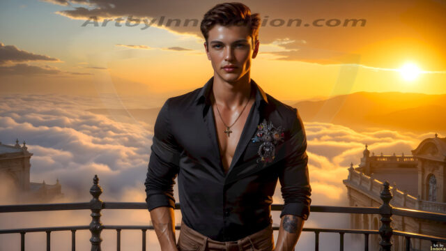 The Beautiful Young Men of the Golden City, is a collection of AI generated images of sexy, glamorous, handsome guys in the heavens. In this fantasy photograph of a young men in their late teens and 20's, overlooking a large golden city in the heavens. Generated to be as realistic as possible, in this this fantasy setting, with todays technology. Wearing jeans, an unbuttoned, vibrant, long-sleeve, button down shirt. The subject is enjoying a beautiful day outdoors. The mystical, galactic landscape, and the vibrant cosmic canopies, every detail, from the texture of the clouds, to the magnificent, majestic gothic architecture of the golden city, is crafted to create an atmosphere of reverence and divine glory. With a breathtaking scene, offering warm golden hour lighting. The heavenly landscape evokes a sense of freedom and tranquility, that is expresses through his facial features and smile, as day turns to night. The heavenly landscape evokes a sense of mysterious black space and light, with a vast galaxy that almost covers the image, the stars and constellations sparkle bright, in dark blue sky.