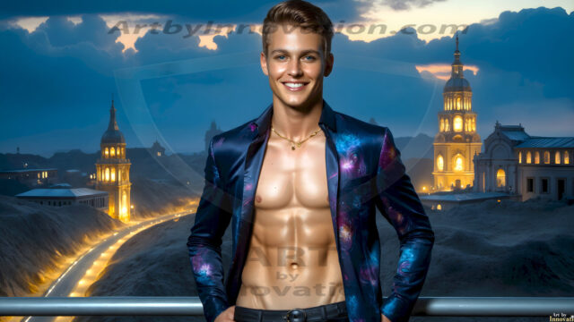 The Beautiful Young Men of the Golden City, is a collection of AI generated images of sexy, glamorous, handsome guys in the heavens. In this fantasy photograph of a young men in their late teens and 20's, overlooking a large golden city in the heavens. Generated to be as realistic as possible, in this this fantasy setting, with todays technology. Wearing jeans, an unbuttoned, vibrant, long-sleeve, button down shirt. The subject is enjoying a beautiful day outdoors. The mystical, galactic landscape, and the vibrant cosmic canopies, every detail, from the texture of the clouds, to the magnificent, majestic gothic architecture of the golden city, is crafted to create an atmosphere of reverence and divine glory. With a breathtaking scene, offering warm golden hour lighting. The heavenly landscape evokes a sense of freedom and tranquility, that is expresses through his facial features and smile, as day turns to night. The heavenly landscape evokes a sense of mysterious black space and light, with a vast galaxy that almost covers the image, the stars and constellations sparkle bright, in dark blue sky.