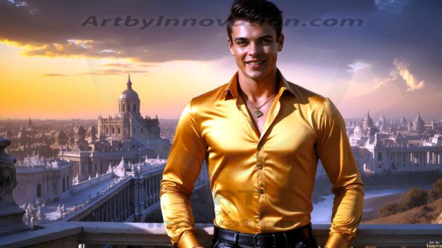 The Beautiful Young Men of the Golden City, is a collection of AI generated images of sexy, glamorous, handsome guys in the heavens. In this fantasy photograph of a young men in their late teens and 20's, overlooking a large golden city in the heavens. Generated to be as realistic as possible, in this this fantasy setting, with todays technology. Wearing jeans, an unbuttoned, vibrant, long-sleeve, button down shirt. The subject is enjoying a beautiful day outdoors. The mystical, galactic landscape, and the vibrant cosmic canopies, every detail, from the texture of the clouds, to the magnificent, majestic gothic architecture of the golden city, is crafted to create an atmosphere of reverence and divine glory. With a breathtaking scene, offering warm golden hour lighting. The heavenly landscape evokes a sense of freedom and tranquility, that is expresses through his facial features and smile, as day turns to night. The heavenly landscape evokes a sense of mysterious black space and light, with a vast galaxy that almost covers the image, the stars and constellations sparkle bright, in dark blue sky.