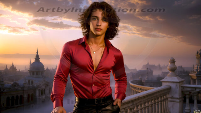 The Beautiful Young Men of the Golden City, is a collection of AI generated images of sexy, glamorous, handsome guys in the heavens. In this fantasy photograph of a young men in their late teens and 20's, overlooking a large golden city in the heavens. Generated to be as realistic as possible, in this this fantasy setting, with todays technology. Wearing jeans, an unbuttoned, vibrant, long-sleeve, button down shirt. The subject is enjoying a beautiful day outdoors. The mystical, galactic landscape, and the vibrant cosmic canopies, every detail, from the texture of the clouds, to the magnificent, majestic gothic architecture of the golden city, is crafted to create an atmosphere of reverence and divine glory. With a breathtaking scene, offering warm golden hour lighting. The heavenly landscape evokes a sense of freedom and tranquility, that is expresses through his facial features and smile, as day turns to night. The heavenly landscape evokes a sense of mysterious black space and light, with a vast galaxy that almost covers the image, the stars and constellations sparkle bright, in dark blue sky.